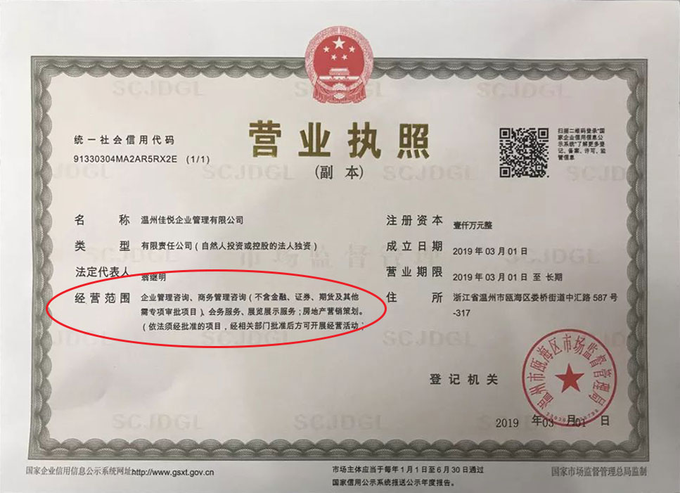 Сфера деятельности китайской компании в бизнес-лицензии